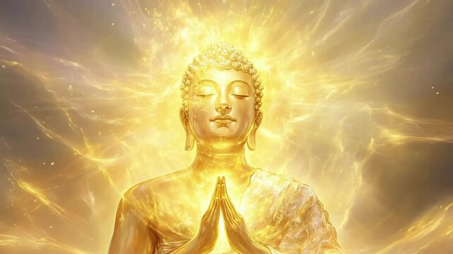 Radiant transformation of golden buddha surrounded by ethereal light and energy