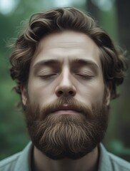 Close-up portrait of a young bearded man meditating peacefully with closed eyes in a tranquil natural forest environment, representing mindfulness and inner calm

