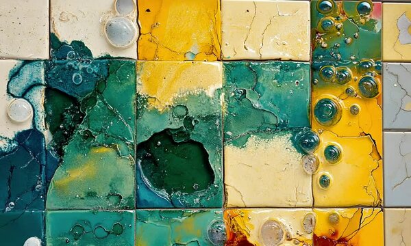 Colorful abstract ceramic tiles with glossy textures and bubbles.