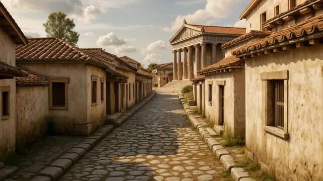 Dolly forward through ancient Greek street with temple at sunrise