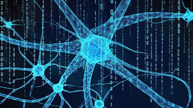 Neural Network Digital Matrix: A mesmerizing visualization of interconnected neurons in a digital binary code backdrop.