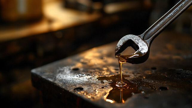 Close-up of a metal blowtorch torch with a small flame and melted metal dripping onto a rusty surface in a workshop or metalworking environment