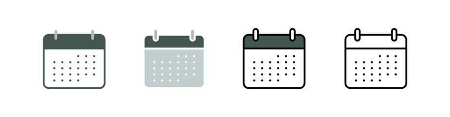 Four calendar icons in different graphic styles showing schedule and time management, appointment date and events on a transparent background