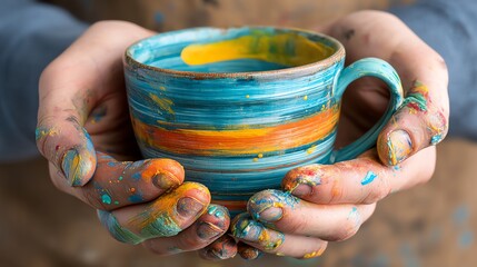 close-up of hands covered in paint, holding a colorful handmade ceramic cup, artisan craft process with bokeh background, earth tone lighting
