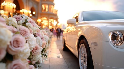Luxury wedding car, floral arrangements