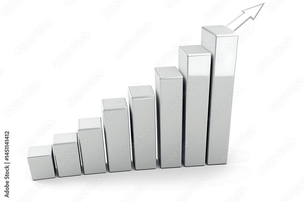 Poster silver bar graph ascending with arrow on white background