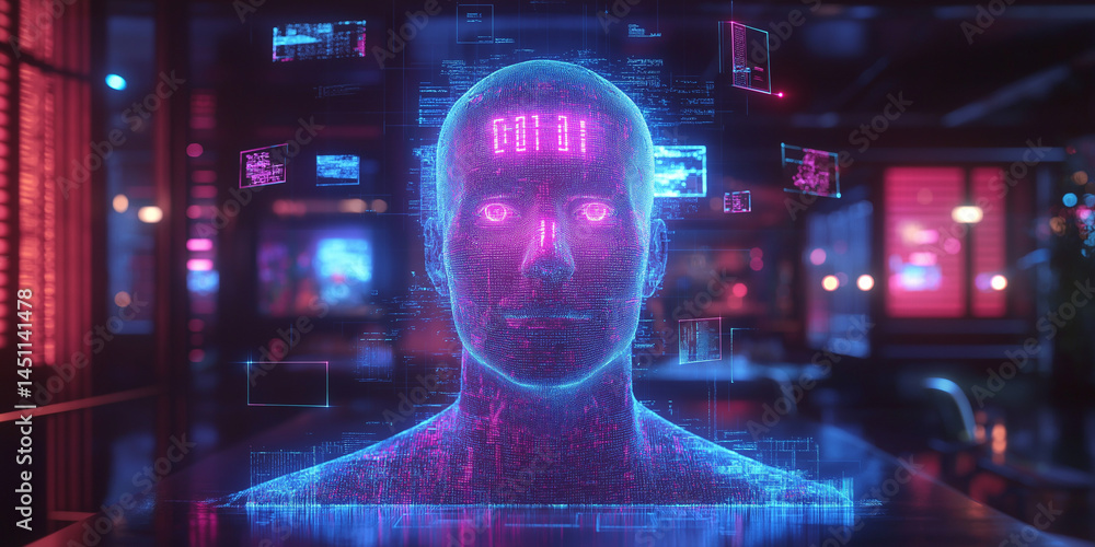 Poster holographic human head with binary code on forehead in a futuristic neon lit environment