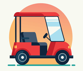 Fototapeta premium The stylish red golf cart features a small roof and two circular dark wheels