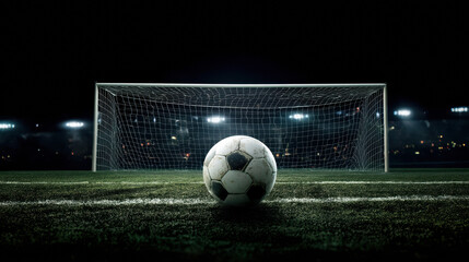 A soccer ball is positioned at the penalty spot in front of the goal net on a dimly lit field, ready for a game under the stadium lights at night.
