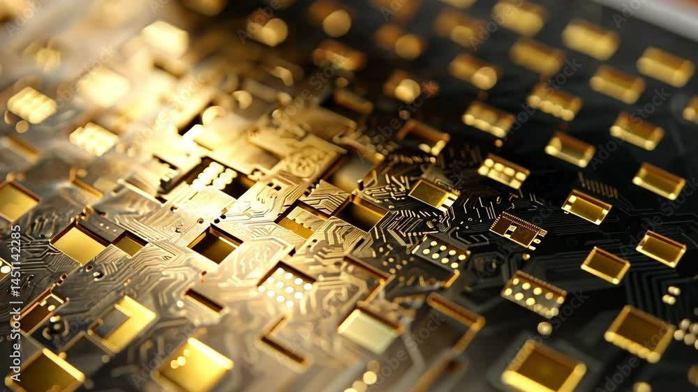 Poster close up of modern circuit board intricate gold patterns and electronics innovation in abstract desi