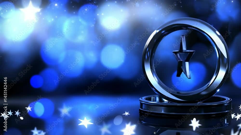 Poster elegant futuristic stage presentation showing metal star symbol on a glossy surface with bokeh light