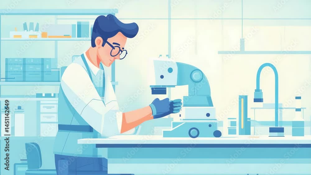 Poster scientist using a microscope in a modern laboratory setting.