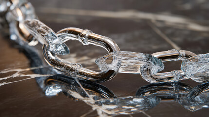 Close-up of a metal chain with water flowing over it on a dark reflective surface, showcasing the shiny metallic links and water movement with detailed texture