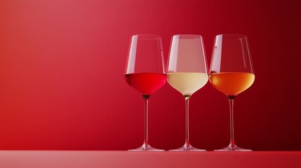 Three wine glasses with red, white and rose wine, artistic composition, generative ai