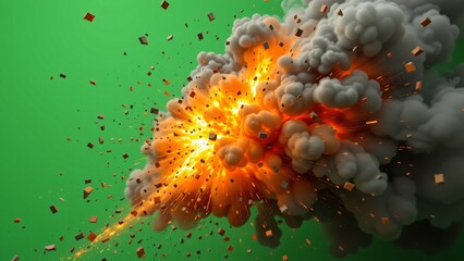 Explosion event in urban setting captivating visuals of fiery blast with smoke and debris on green background for cinematic effects