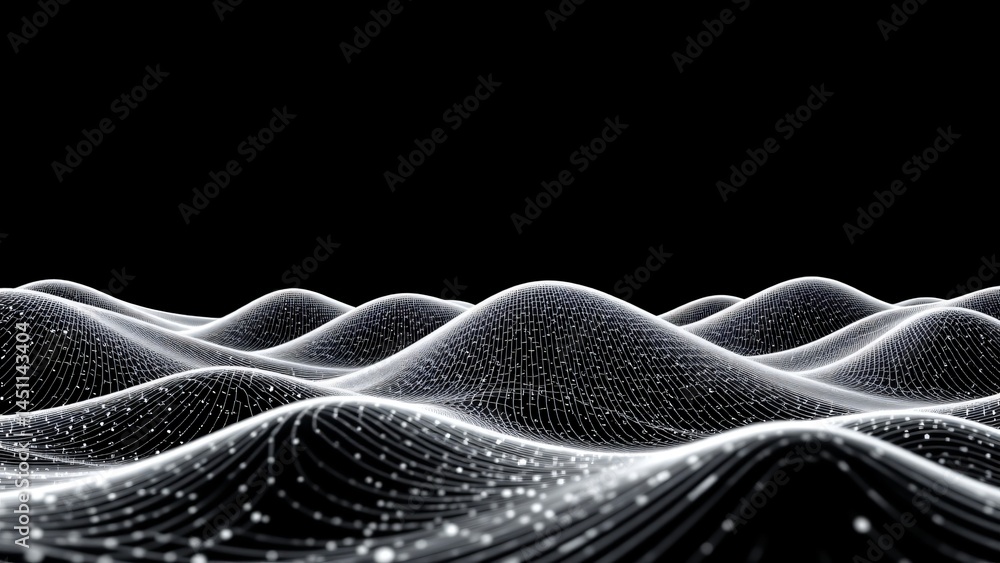 Poster dynamic wave patterns flowing in black space abstract digital art 3d visualization modern aesthetic 