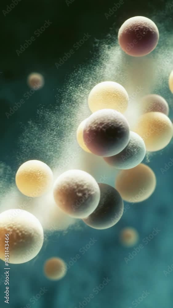 Poster abstract floating textured spheres and dust particles on teal backdrop for science or health concept