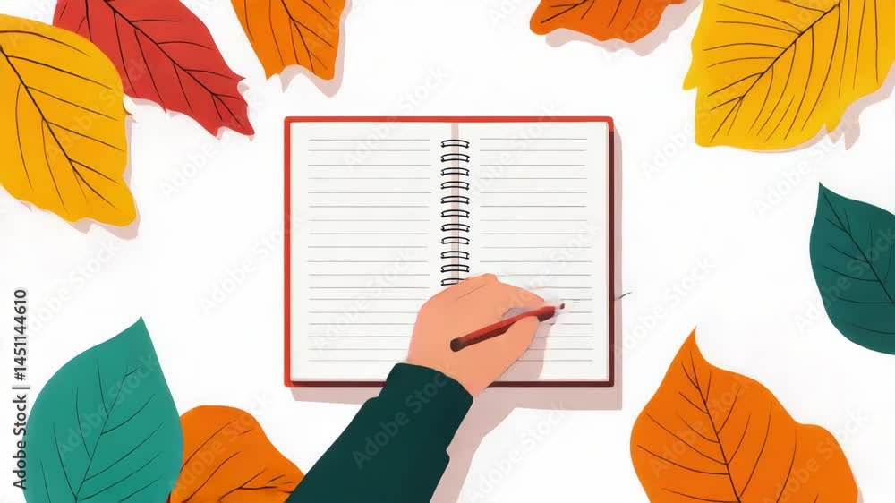Poster writing in a notebook surrounded by colorful autumn leaves.