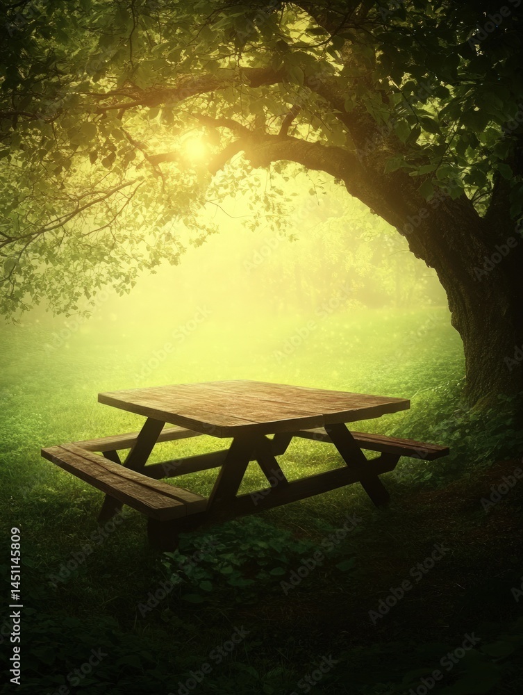 Poster wooden picnic table under a large tree in a sunlit forest clearing. green grass and soft sunlight cr