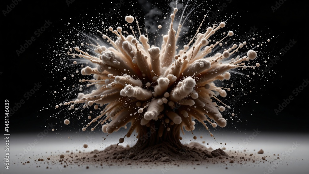 Poster explosive eruption of fine particles abstract studio digital art dark environment close-up view visu