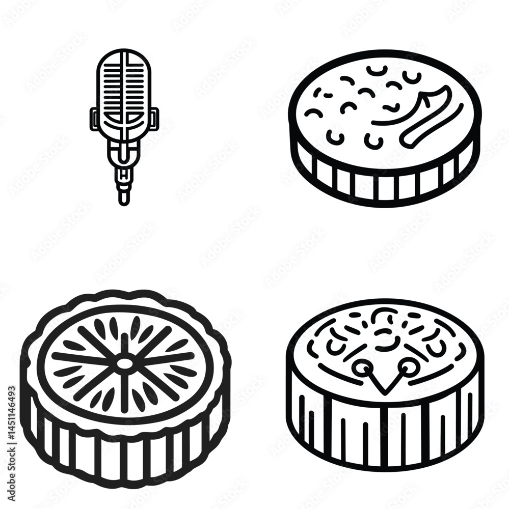 Poster retro microphone and mooncake icons set in black outline style with transparent background