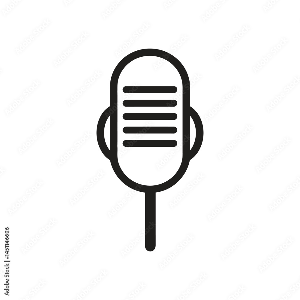Poster retro microphone icon, black outline design on transparent background, simple isolated object