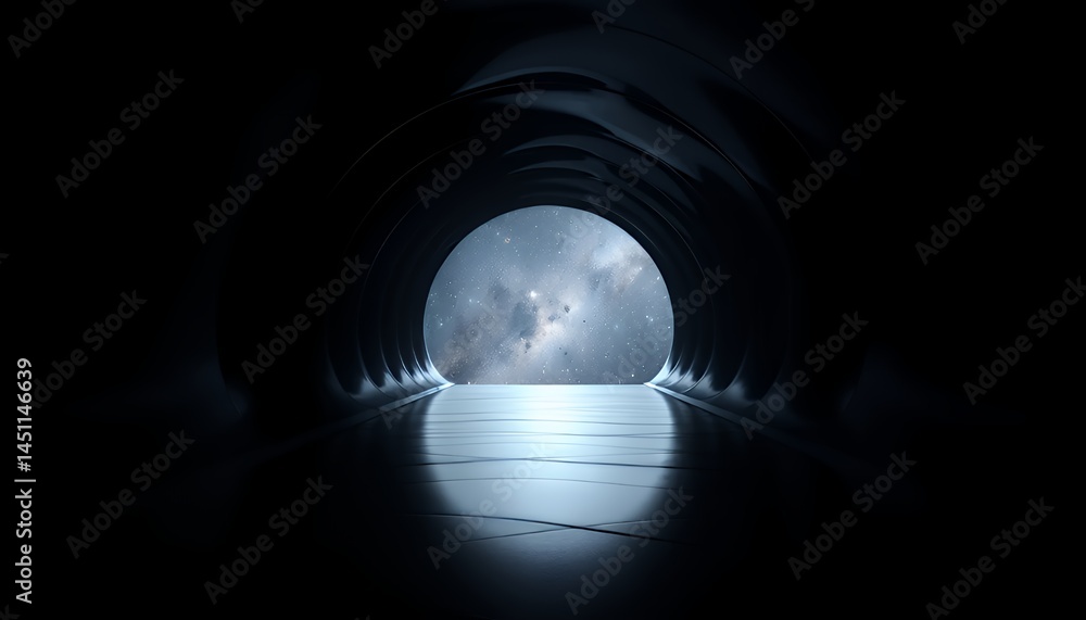 Poster abstract dark space tunnel with glossy floor reflecting starlight creates a cosmic ambiance and sens