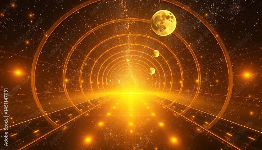 Poster brilliant golden abstract space tunnel with floating planets and stars in a geometric design on blac