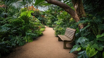 A charming wooden bench rests beneath a sprawling tree in the Royal Botanic Gardens, London, surrounded by vibrant foliage.