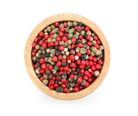 Aromatic peppercorns in bowl isolated on white, top view