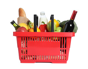 Shopping basket with different food products isolated on white