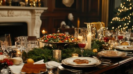 Fototapeta premium A festive dinner table with Olivier salad as the centerpiece, surrounded by Christmas gifts, evergreen branches, and holiday candles.