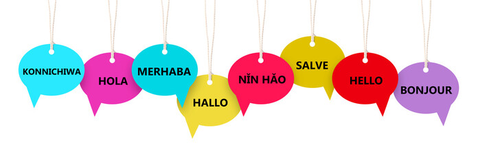 Paper speech bubbles with greetings in different languages hanging on white background. Banner design © New Africa