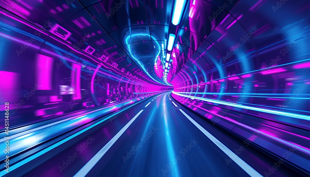 Poster futuristic neon tunnel with symmetrical reflections in blue and magenta dynamic perspective with blu