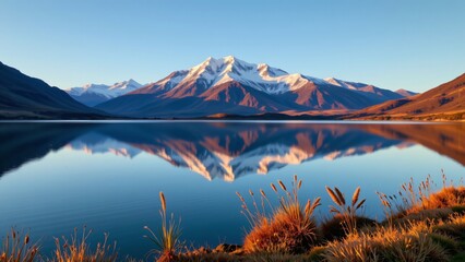 Obraz premium Breathtaking sunrise over snow-capped mountains lake reflection scenic nature photography new zealand serene environment aesthetic viewpoint