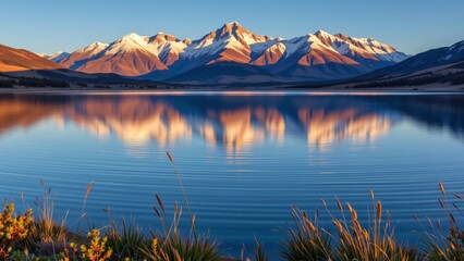 Serene reflection of snow-capped mountains over tranquil lake at sunrise nature photography majestic landscape peaceful environment