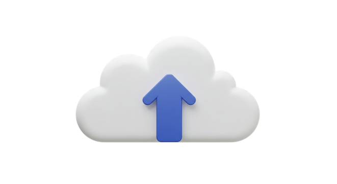 A white cloud with a blue arrow pointing upwards in a black background representing cloud storage