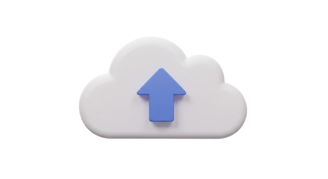 A white cloud with a blue arrow pointing upwards on a black background in a digital rendering