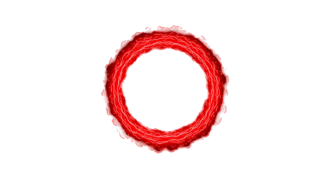A vibrant red ring with textured edges isolated against a stark black background in a digital rendering