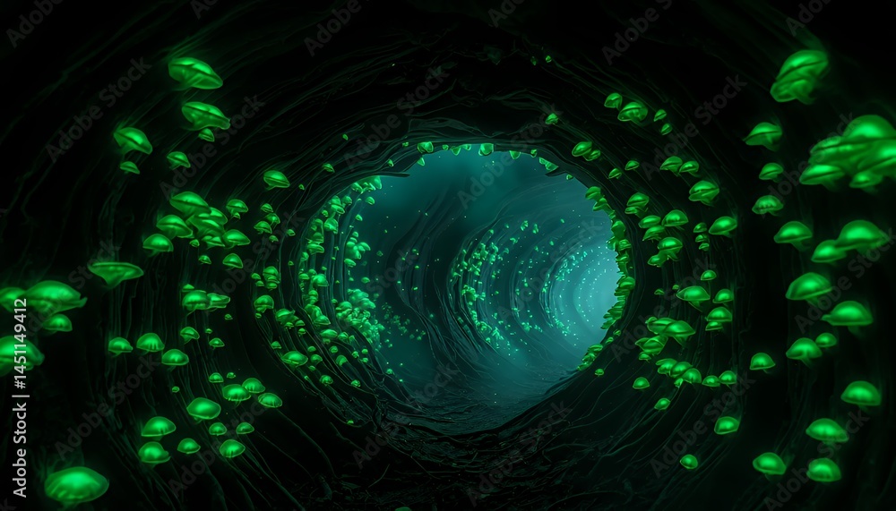 Poster luminous green structures inside dark intricate tunnel abstract render with bright center illuminati