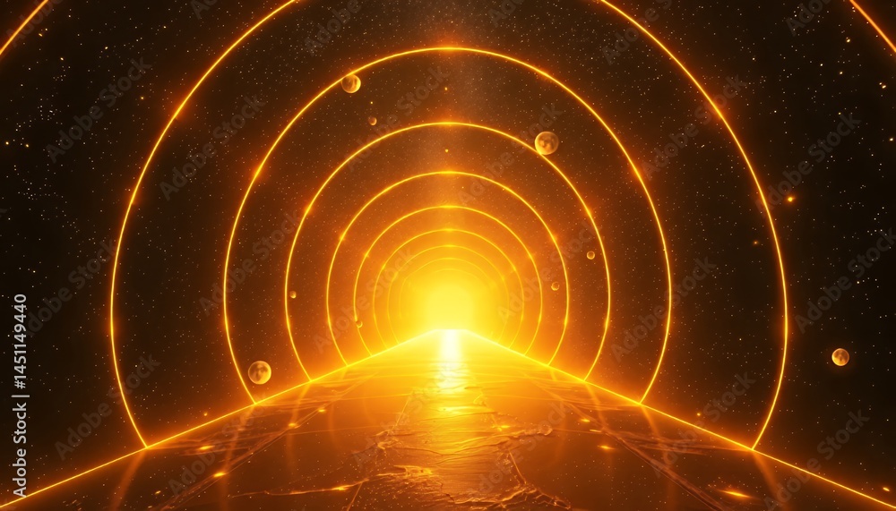 Poster luminous orange tunnel with concentric arches and glittering particles in abstract dark backdrop fut