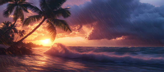Tropical Rainstorm at Sunset on the Beach &ndash; Nature&rsquo;s Power and Beauty