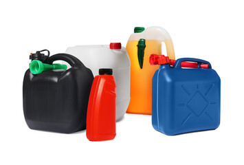 Many different plastic containers on white background