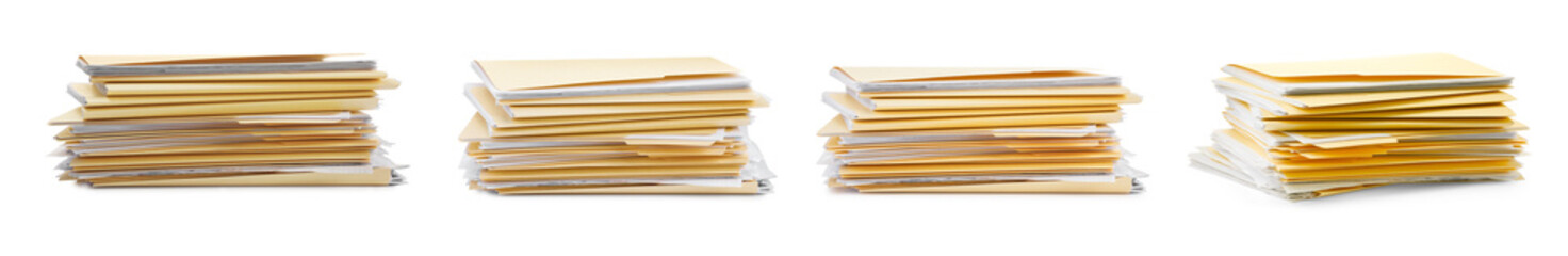 File folder with sheets of paper isolated on white, collage