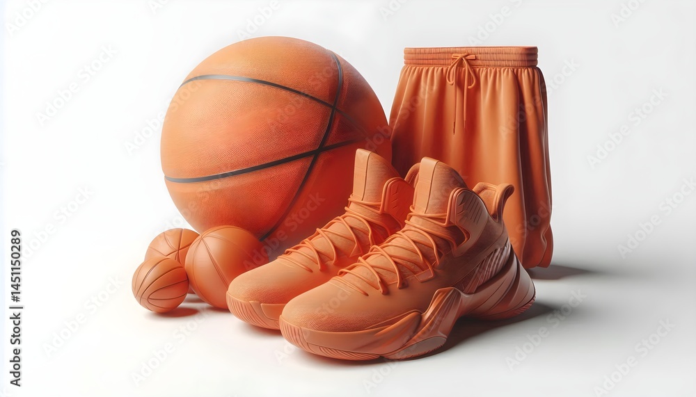 Poster clean mockup of basketball shoes and orange ball with soft shadows on isolated white background for 
