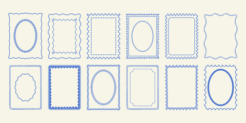 A set of vintage hand-drawn frames. Monochrome linear borders ideal for stamps, greeting cards, marine themes, or decorative elements. Vector doodle design.