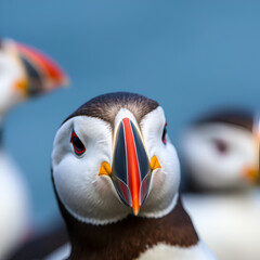 The Atlantic Puffins, members of the auk family, are seabirds also known as Common Puffins. Beautiful extreme close-up.