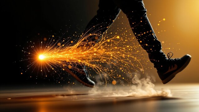 Dynamic running motion with sparkling effects studio setting photo art dramatic lighting close-up view concept of speed and energy