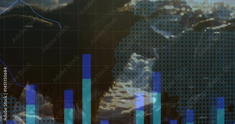 Poster displaying translucent world map grid overlay with moving blue line chart numeric labels over ocean