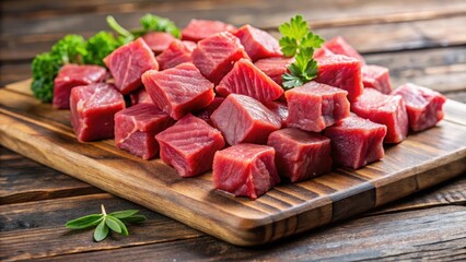 Raw red meat chunks cut into uniform small cubes on a cutting board, butcher chop